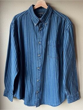 Vintage Denim Button Shirt Men’s L Blue Striped 100% Cotton Jean 90’s Dad Casual